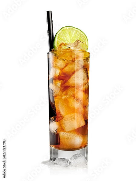 Obraz Long island iced tea cocktail with lime on white background, studio shot