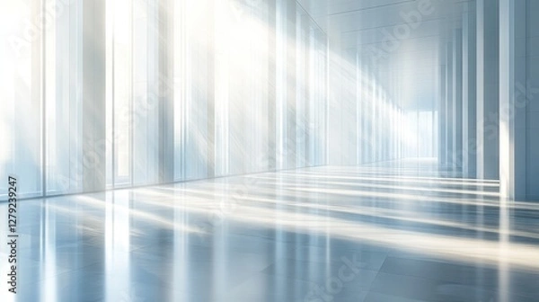 Fototapeta Sunlit Modern Hallway With Large Windows and Gleaming Floor