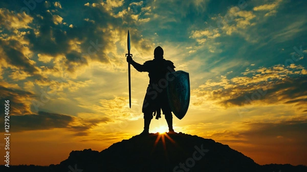 Fototapeta A warrior holding a spear and shield stands on a hill