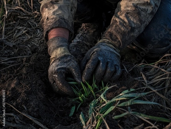 Fototapeta Farmer's hands planting seedlings in rich dark soil, close-up view emphasizing detail and texture of earth and gloves.