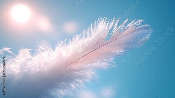 Fototapeta Minimalist soft feather gliding effortlessly in a light blue sky