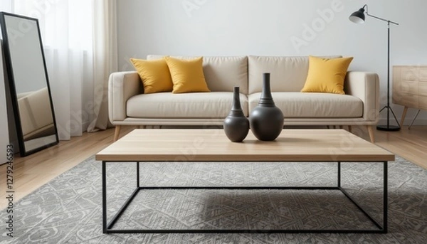 Fototapeta Modern Living Room with Beige Sofa and Decorative Vases