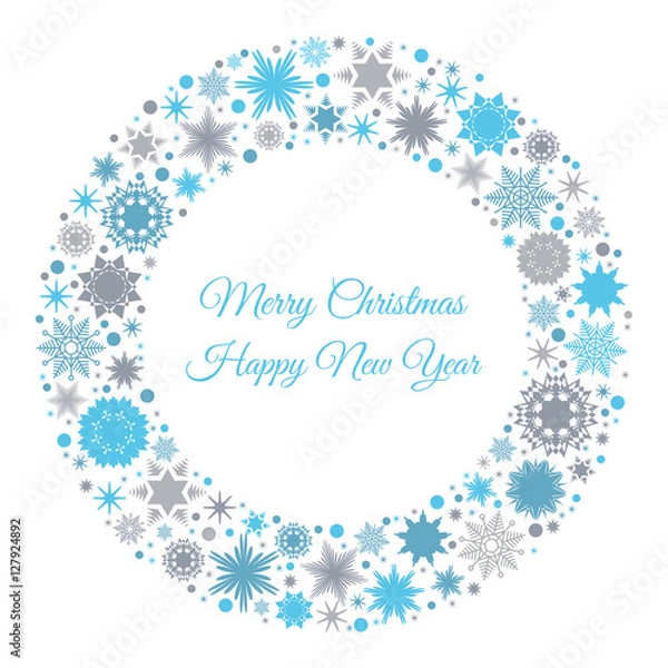 Fototapeta Merry Christmas and Happy New Year card with  snowflakes.