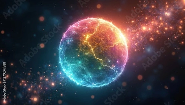 Fototapeta Radiant rainbow colored sphere form with sparkling details on dark cosmic background. Bright sphere surface electric discharge energy. Round planet globe with colorful plasma lightning.