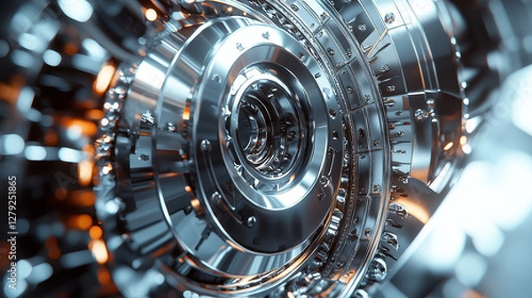 Fototapeta Intricate chrome turbine with mechanical details and reflections