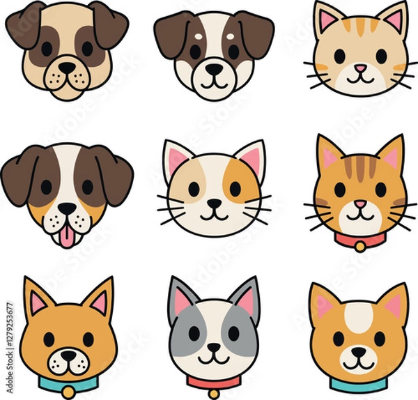 Fototapeta Cute animal faces featuring dogs and cats in a colorful, playful, flat design style showcasing various breeds in vector art