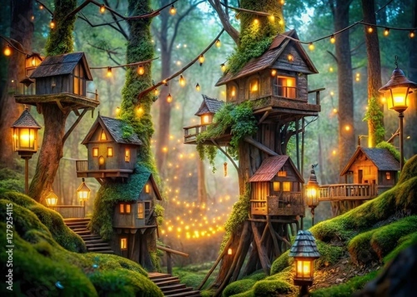 Fototapeta Magical Treehouse Village, Bokeh Lights, Fairy Tale Forest