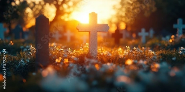 Fototapeta Sunset casting golden light on a graveyard adorned with crosses and blooming flowers during a tranquil evening