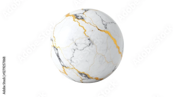 Fototapeta A perfect sphere of elegant white marble elegantly adorned with shimmering gold veins, a timeless symbol of luxury and sophistication against a stark black background.