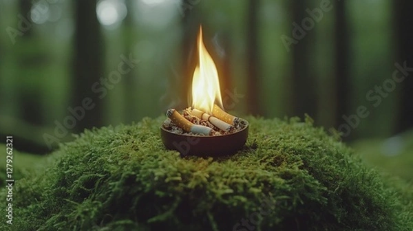 Fototapeta cigarette butt, smoking ban in the forest, risk of forest fire,