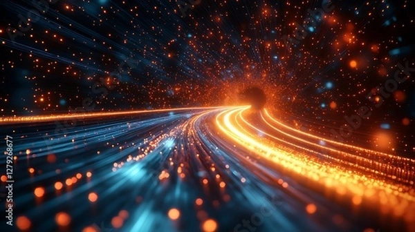 Obraz Illuminated fiber optic cable with light trails streaking through the darkness illustrating speed in communication