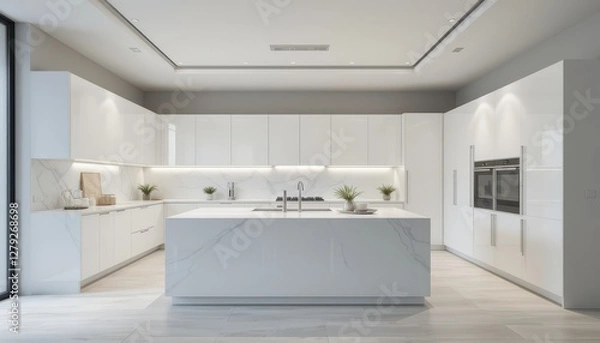 Fototapeta Modern Minimalist Kitchen with White Cabinets and Sleek Marble Design
