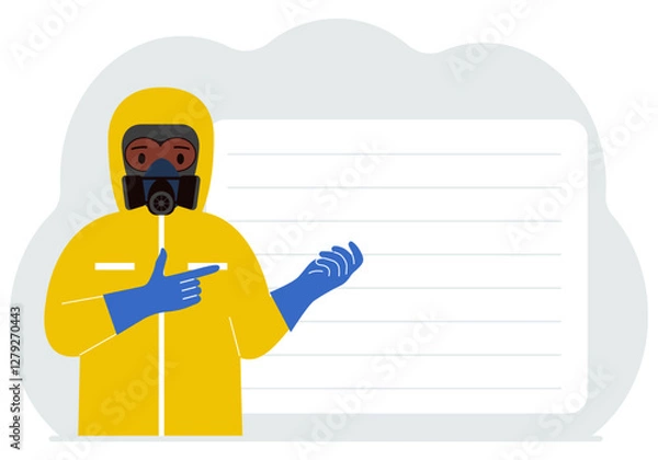 Fototapeta A man in a yellow radiation protective suit and a helmet with a respirator, chemical or biological safety uniform. Vector flat illustration.