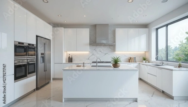 Fototapeta Modern Minimalist Kitchen with Marble Countertops and Backsplash