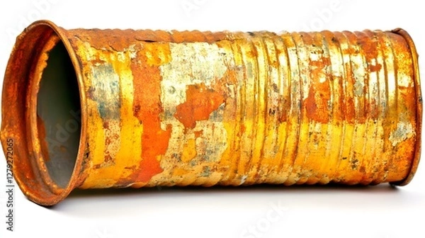 Fototapeta Close Up of Orange Rusted Metal Can with Heavy Weathering on White Background