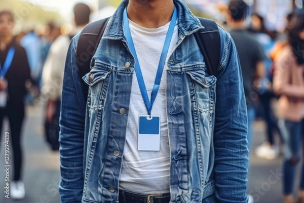 Obraz Close-up of an event attendee wearing a blue lanyard with a blank ID badge, standing in a crowded outdoor setting, professional networking, identification, corporate, and social gathering concept.