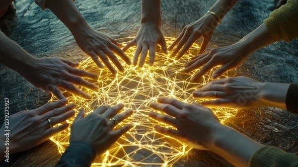 Fototapeta Hands Connecting Over Bright Network of Lights on Wooden Surface