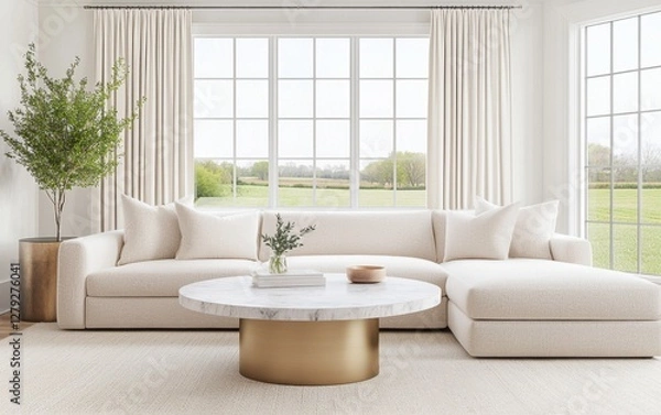 Fototapeta Eclectic living room with a large ivory boucle sectional, a round brass coffee table with a marble top, neutral linen curtains, and a cozy wool rug.