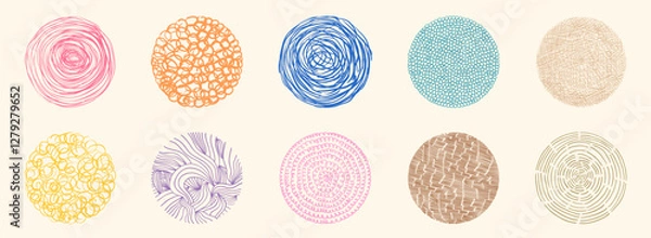 Fototapeta Hand drawn abstract vector texture circles with lines, dots and scribbles for graphic design - painted grunge geometric shapes