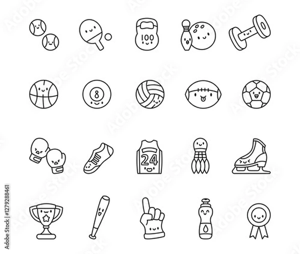 Fototapeta Cute kawaii cartoon sports equipment character set featuring funny training accessories, game objects, exercise tools, and playful elements for sports and recreation activities