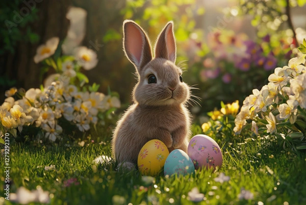 Fototapeta Easter bunny sitting next to colorful eggs and surrounded by tulips in the garden