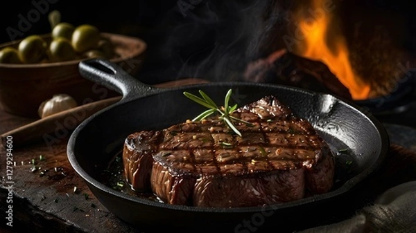 Fototapeta A moody food photography shot of a sizzling steak on a cast-iron skillet, with strong directional lighting creating deep shadows and highlights, enhancing the meat's sear
