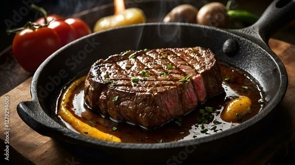 Fototapeta A moody food photography shot of a sizzling steak on a cast-iron skillet, with strong directional lighting creating deep shadows and highlights, enhancing the meat's sear