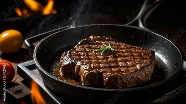 Fototapeta A moody food photography shot of a sizzling steak on a cast-iron skillet, with strong directional lighting creating deep shadows and highlights, enhancing the meat's sear