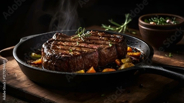 Fototapeta A moody food photography shot of a sizzling steak on a cast-iron skillet, with strong directional lighting creating deep shadows and highlights, enhancing the meat's sear