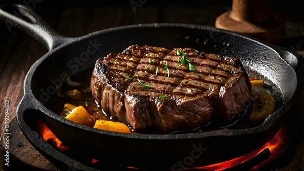 Fototapeta A moody food photography shot of a sizzling steak on a cast-iron skillet, with strong directional lighting creating deep shadows and highlights, enhancing the meat's sear
