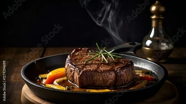 Fototapeta A moody food photography shot of a sizzling steak on a cast-iron skillet, with strong directional lighting creating deep shadows and highlights, enhancing the meat's sear