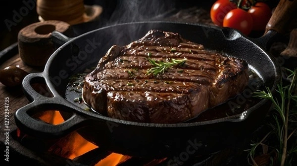 Fototapeta A moody food photography shot of a sizzling steak on a cast-iron skillet, with strong directional lighting creating deep shadows and highlights, enhancing the meat's sear