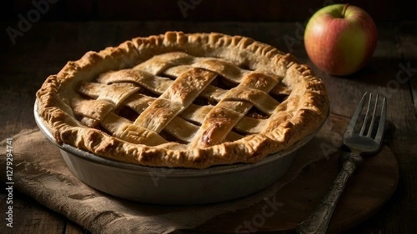 Fototapeta A moody food photography shot of a rustic apple pie, with strong directional lighting creating deep shadows and highlights, enhancing the flaky crust's layers