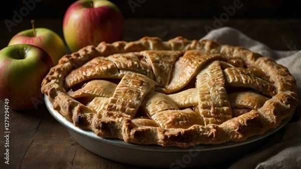 Fototapeta A moody food photography shot of a rustic apple pie, with strong directional lighting creating deep shadows and highlights, enhancing the flaky crust's layers