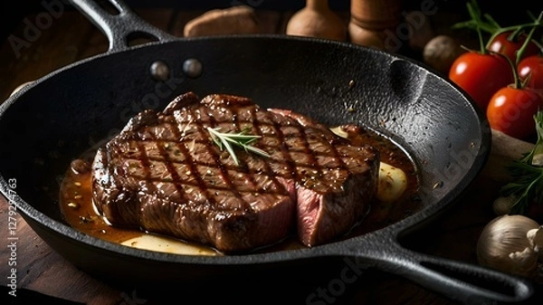 Fototapeta A moody food photography shot of a sizzling steak on a cast-iron skillet, with strong directional lighting creating deep shadows and highlights, enhancing the meat's sear