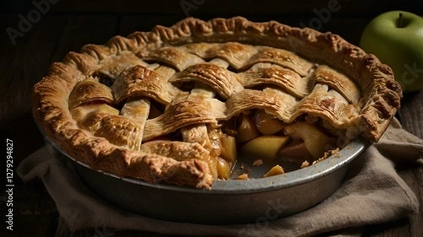 Fototapeta A moody food photography shot of a rustic apple pie, with strong directional lighting creating deep shadows and highlights, enhancing the flaky crust's layers