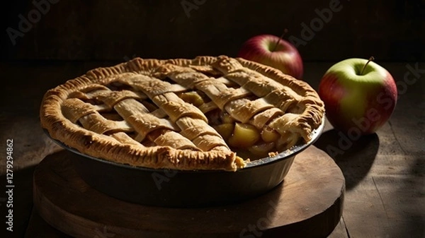 Fototapeta A moody food photography shot of a rustic apple pie, with strong directional lighting creating deep shadows and highlights, enhancing the flaky crust's layers