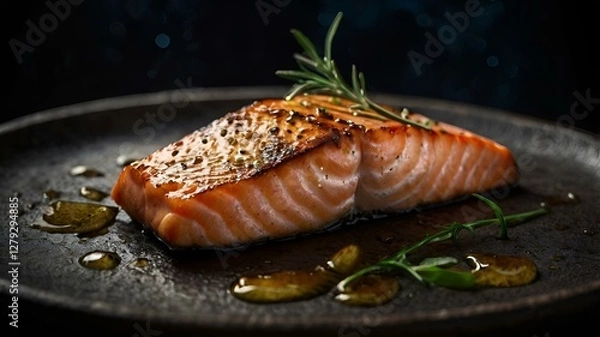 Fototapeta A moody food photography shot of a perfectly grilled salmon fillet, with strong directional lighting creating deep shadows and highlights, enhancing the fish's flaky texture