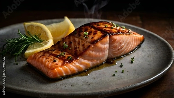 Fototapeta A moody food photography shot of a perfectly grilled salmon fillet, with strong directional lighting creating deep shadows and highlights, enhancing the fish's flaky texture