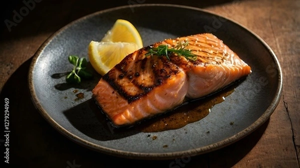 Fototapeta A moody food photography shot of a perfectly grilled salmon fillet, with strong directional lighting creating deep shadows and highlights, enhancing the fish's flaky texture