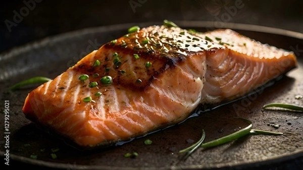Fototapeta A moody food photography shot of a perfectly grilled salmon fillet, with strong directional lighting creating deep shadows and highlights, enhancing the fish's flaky texture