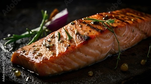 Fototapeta A moody food photography shot of a perfectly grilled salmon fillet, with strong directional lighting creating deep shadows and highlights, enhancing the fish's flaky texture