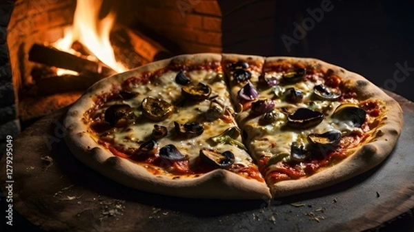 Fototapeta "A moody food photography shot of a homemade wood-fired pizza, with strong directional lighting creating deep shadows and highlights, enhancing the charred crust's blistering