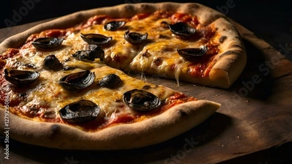Fototapeta "A moody food photography shot of a homemade wood-fired pizza, with strong directional lighting creating deep shadows and highlights, enhancing the charred crust's blistering