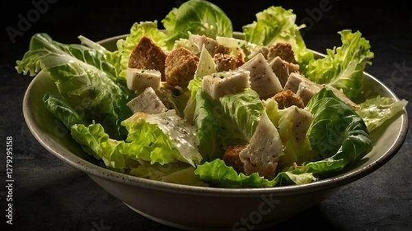 Fototapeta A moody food photography shot of a freshly tossed Caesar salad, with strong directional lighting creating deep shadows and highlights, enhancing the crispness of the lettuce