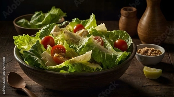 Fototapeta A moody food photography shot of a freshly tossed Caesar salad, with strong directional lighting creating deep shadows and highlights, enhancing the crispness of the lettuce