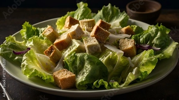 Fototapeta A moody food photography shot of a freshly tossed Caesar salad, with strong directional lighting creating deep shadows and highlights, enhancing the crispness of the lettuce