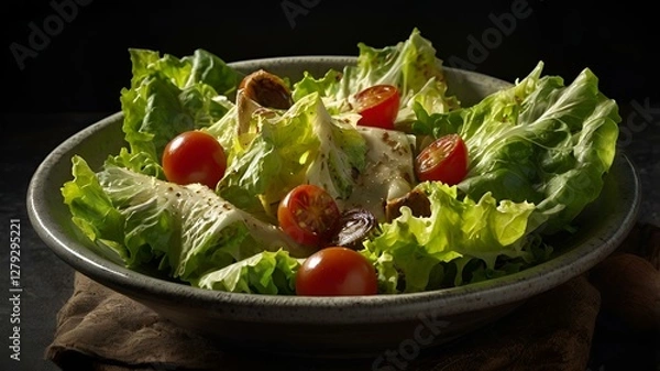 Fototapeta A moody food photography shot of a freshly tossed Caesar salad, with strong directional lighting creating deep shadows and highlights, enhancing the crispness of the lettuce
