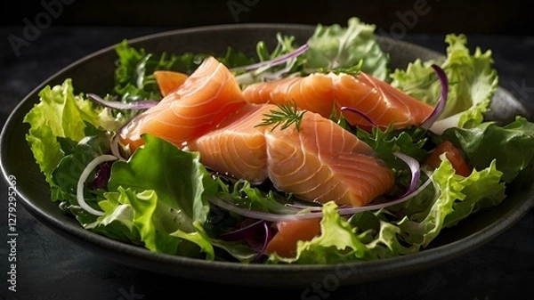 Fototapeta A moody food photography shot of a freshly tossed salad topped with delicate slices of smoked salmon, with strong directional lighting creating deep shadows and highlights, enhancing the crispness of 