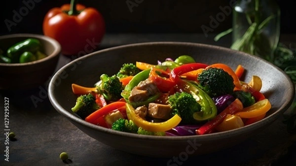 Fototapeta A moody food photography shot of a colorful vegetable stir-fry, with strong directional lighting creating deep shadows and highlights, enhancing the ingredients' vibrant colors